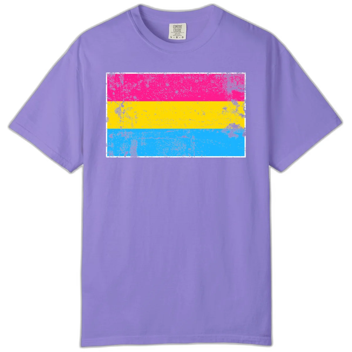 Pan pride distressed flag with magenta, yellow, and cyan blue horizontal stripes featuring heavy grunge texture overlay in Violet