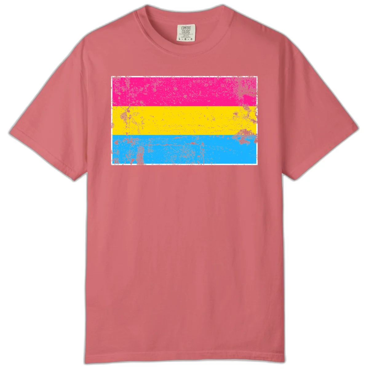 Pan pride distressed flag with magenta, yellow, and cyan blue horizontal stripes featuring heavy grunge texture overlay in Watermelon