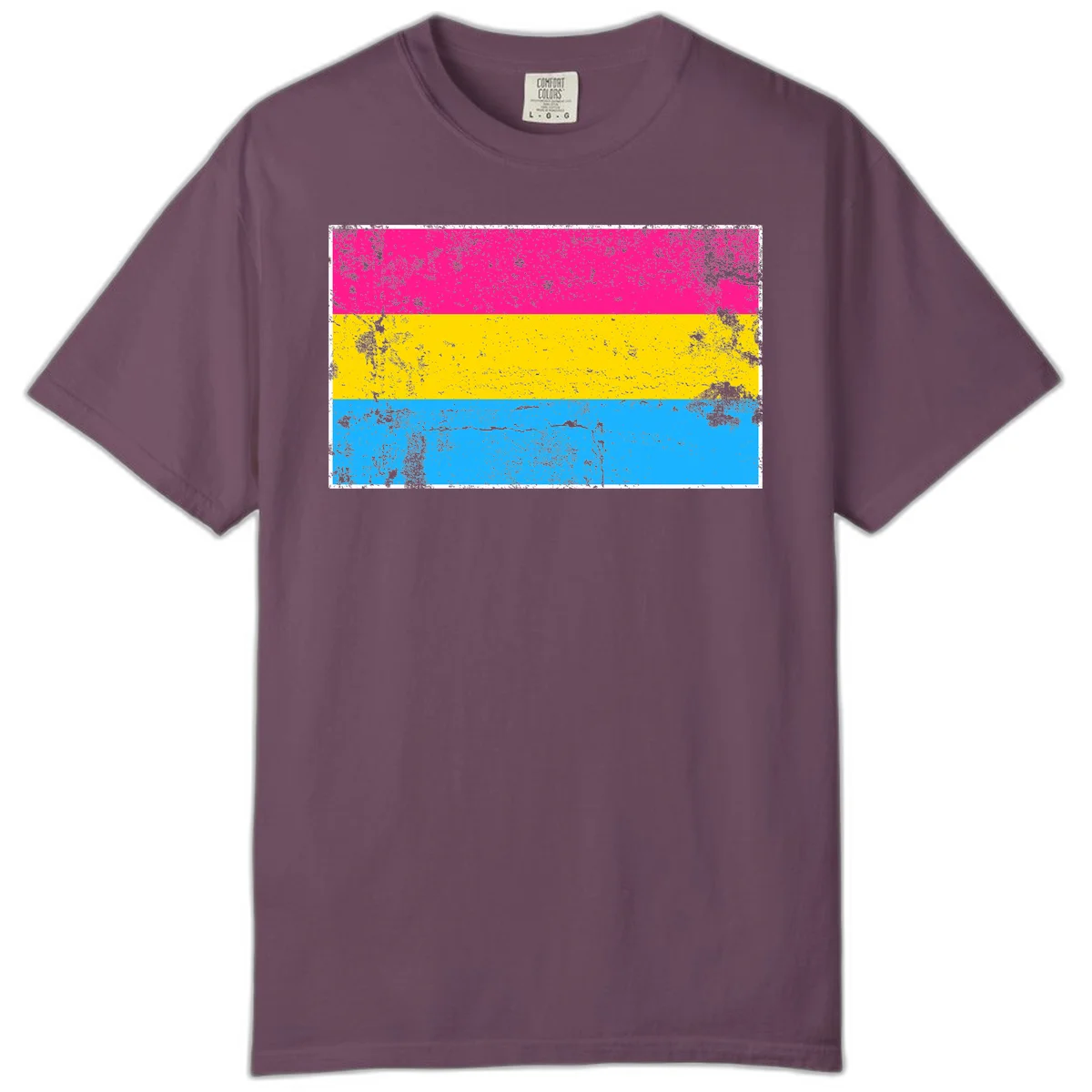 Pan pride distressed flag with magenta, yellow, and cyan blue horizontal stripes featuring heavy grunge texture overlay in Berry