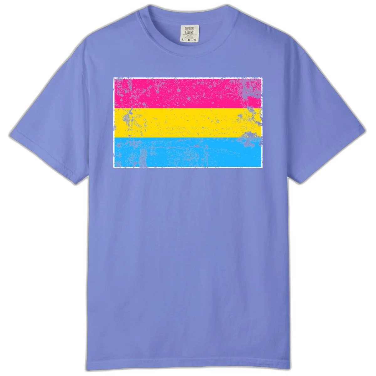 Pan pride distressed flag with magenta, yellow, and cyan blue horizontal stripes featuring heavy grunge texture overlay in Flo Blue