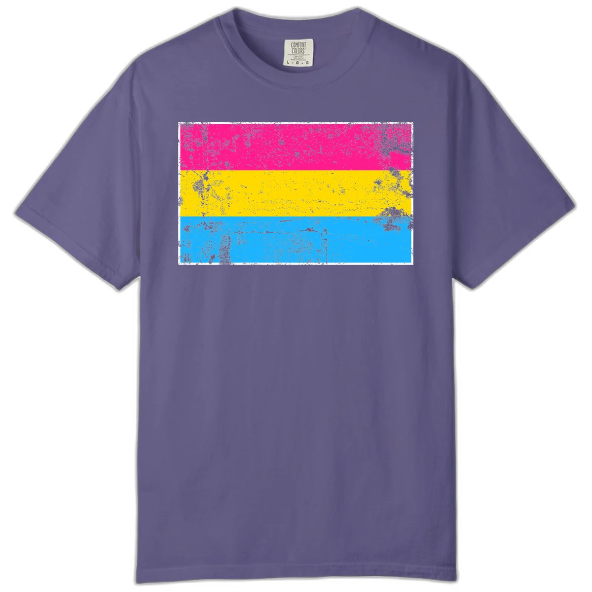 Pan pride distressed flag with magenta, yellow, and cyan blue horizontal stripes featuring heavy grunge texture overlay in Grape