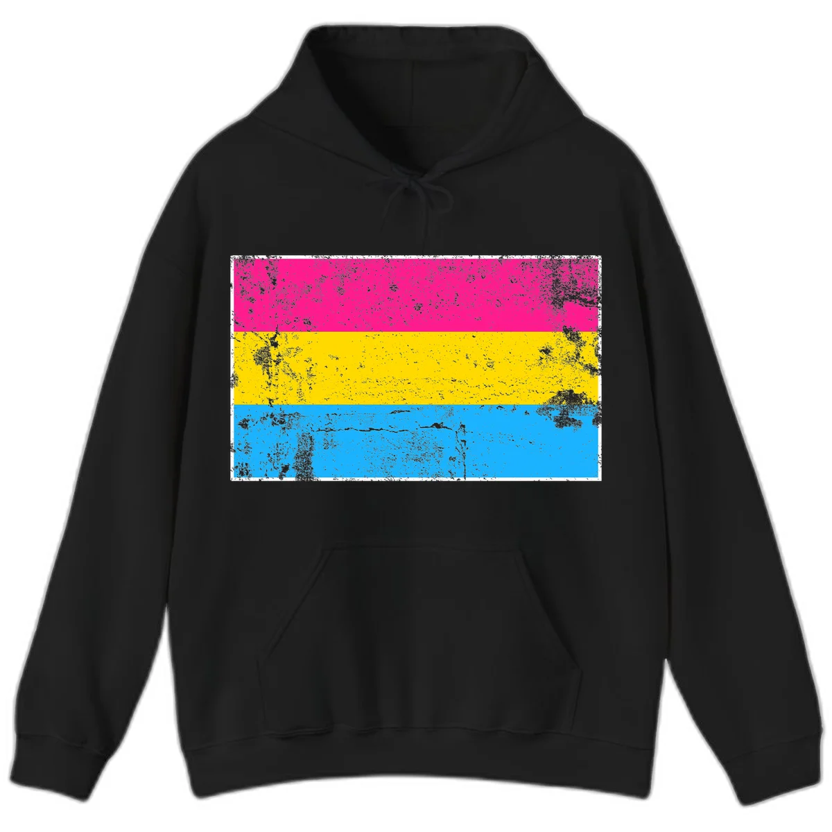 Pan pride distressed flag with magenta, yellow, and cyan blue horizontal stripes featuring heavy grunge texture overlay in Black