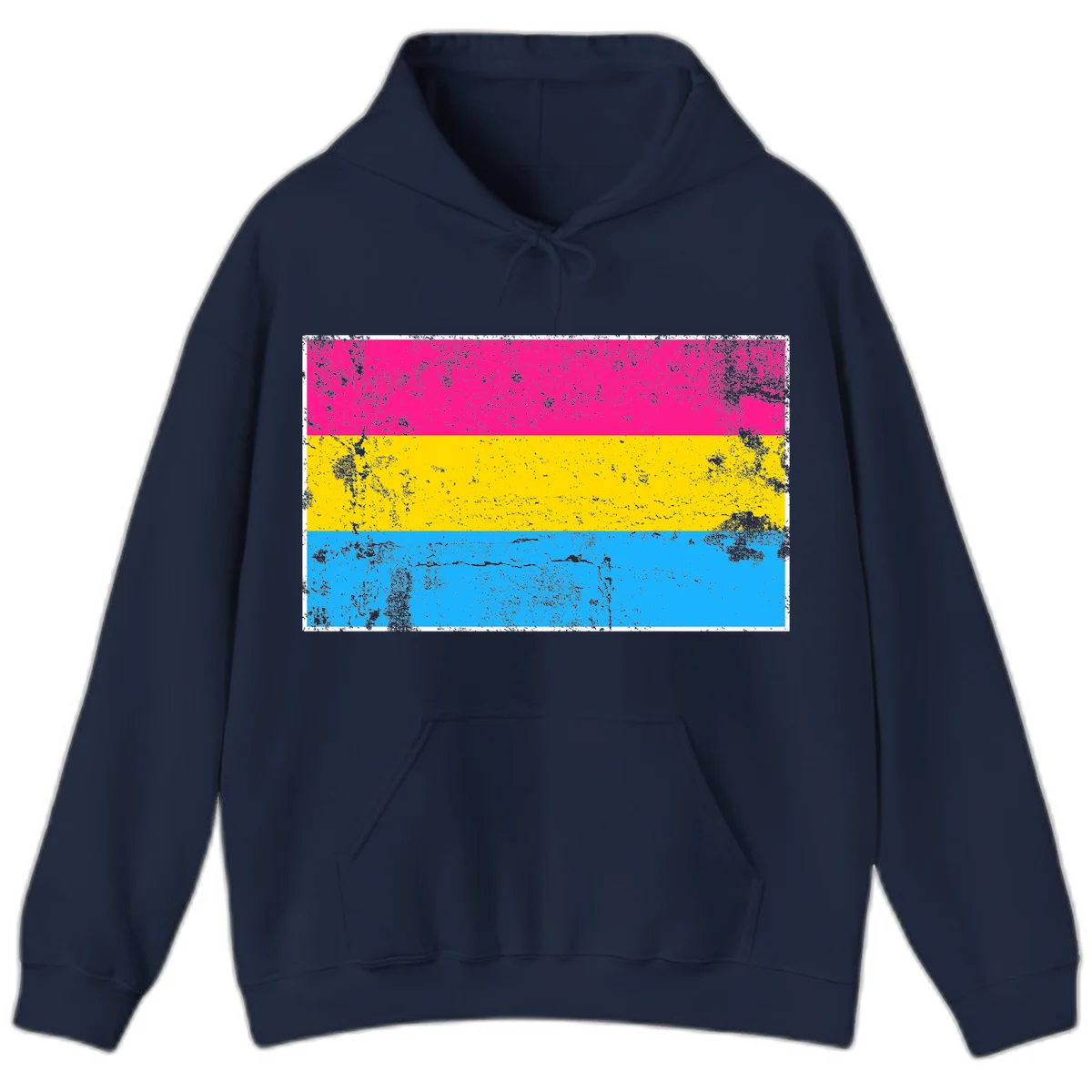 Pan pride distressed flag with magenta, yellow, and cyan blue horizontal stripes featuring heavy grunge texture overlay in Navy