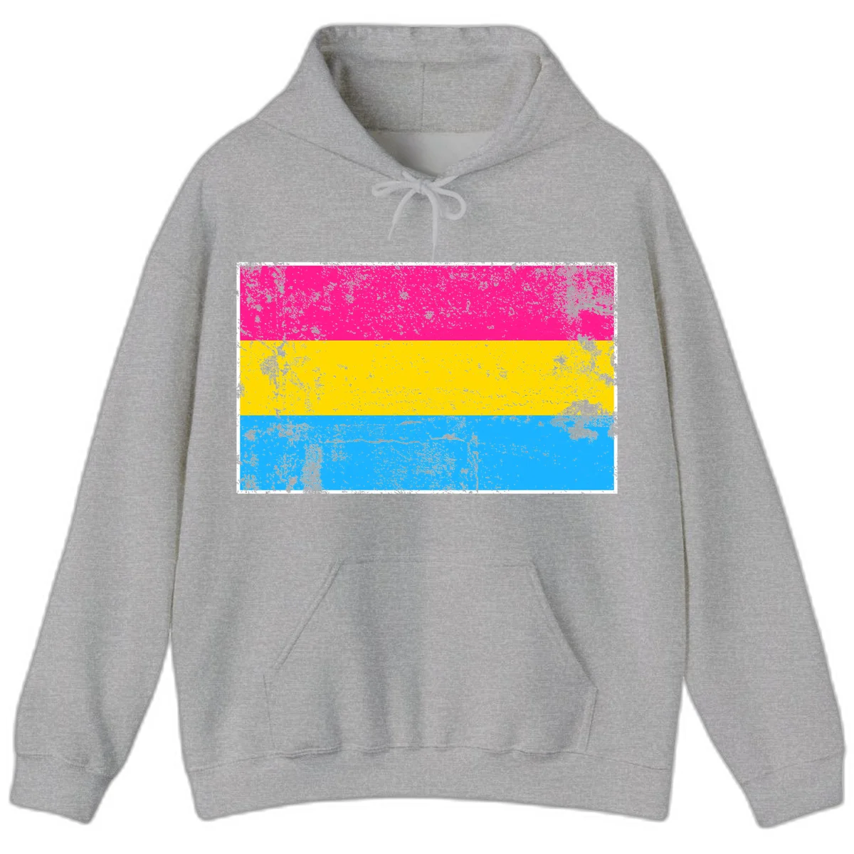 Pan pride distressed flag with magenta, yellow, and cyan blue horizontal stripes featuring heavy grunge texture overlay in Sport Grey