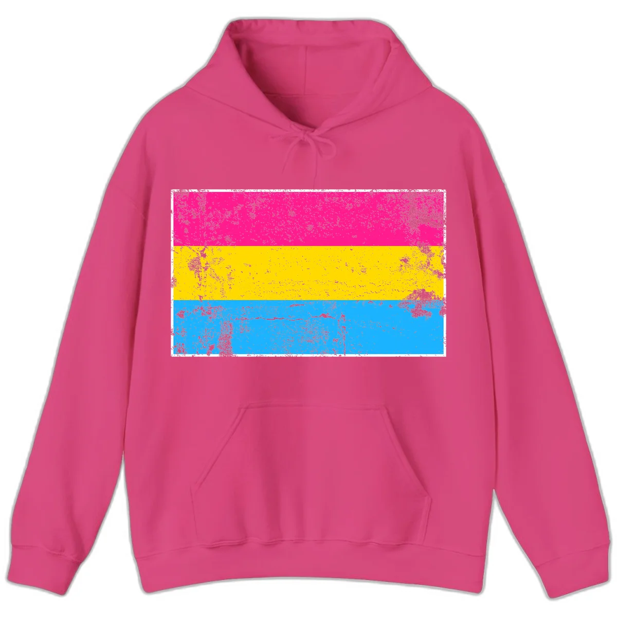 Pan pride distressed flag with magenta, yellow, and cyan blue horizontal stripes featuring heavy grunge texture overlay in Heliconia