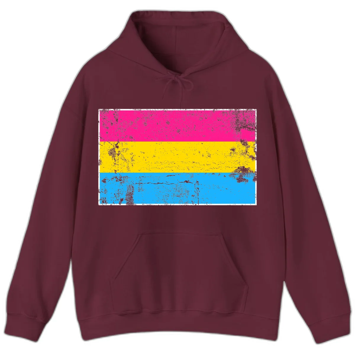 Pan pride distressed flag with magenta, yellow, and cyan blue horizontal stripes featuring heavy grunge texture overlay in Maroon