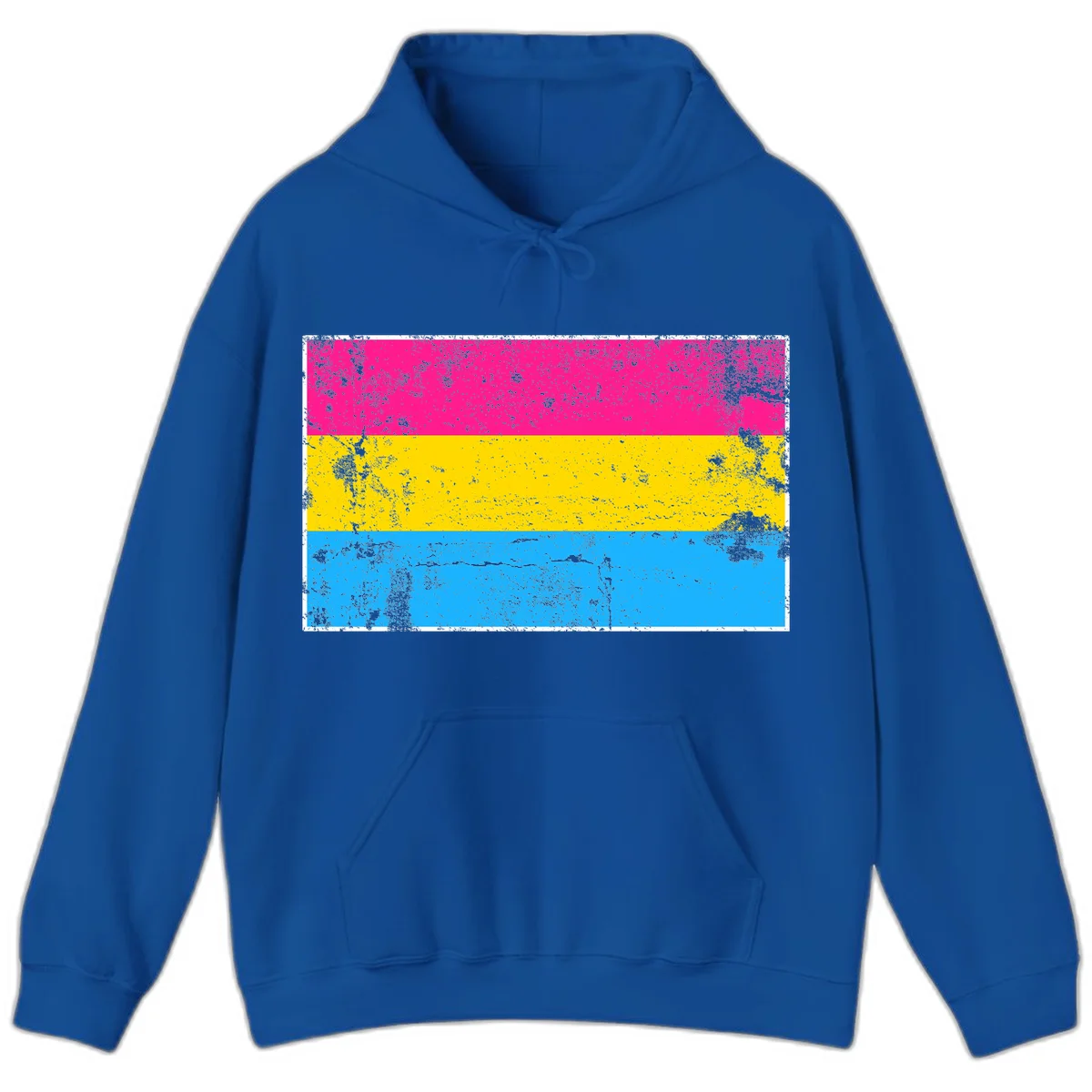 Pan pride distressed flag with magenta, yellow, and cyan blue horizontal stripes featuring heavy grunge texture overlay in Royal