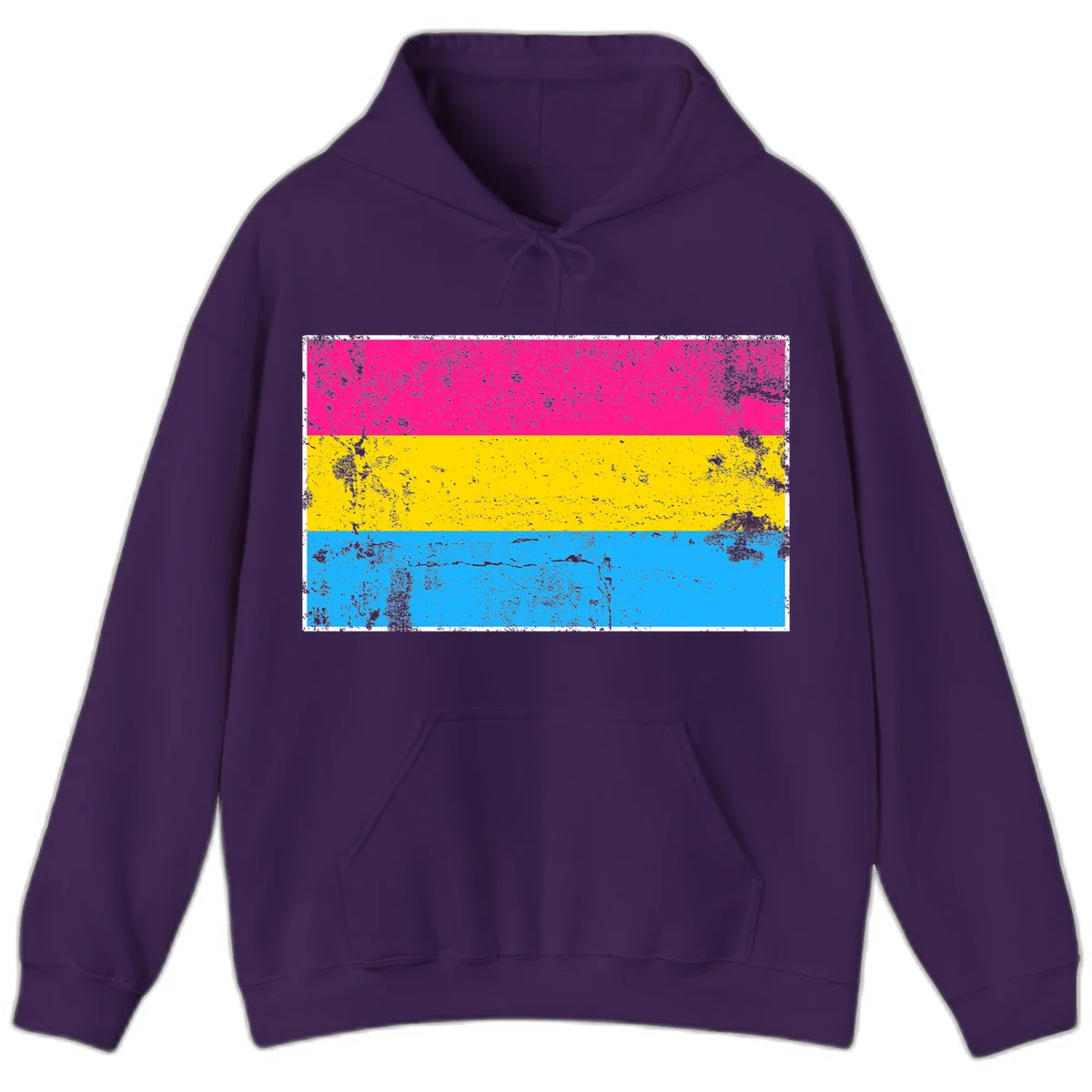 Pan pride distressed flag with magenta, yellow, and cyan blue horizontal stripes featuring heavy grunge texture overlay in Purple