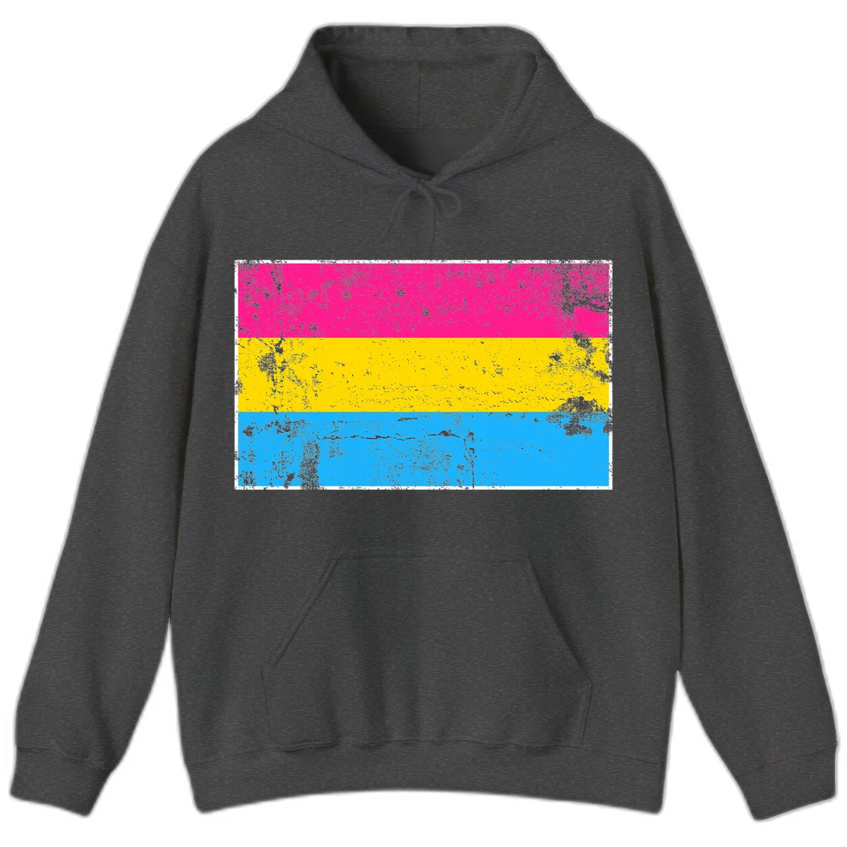 Pan pride distressed flag with magenta, yellow, and cyan blue horizontal stripes featuring heavy grunge texture overlay in Dark Heather