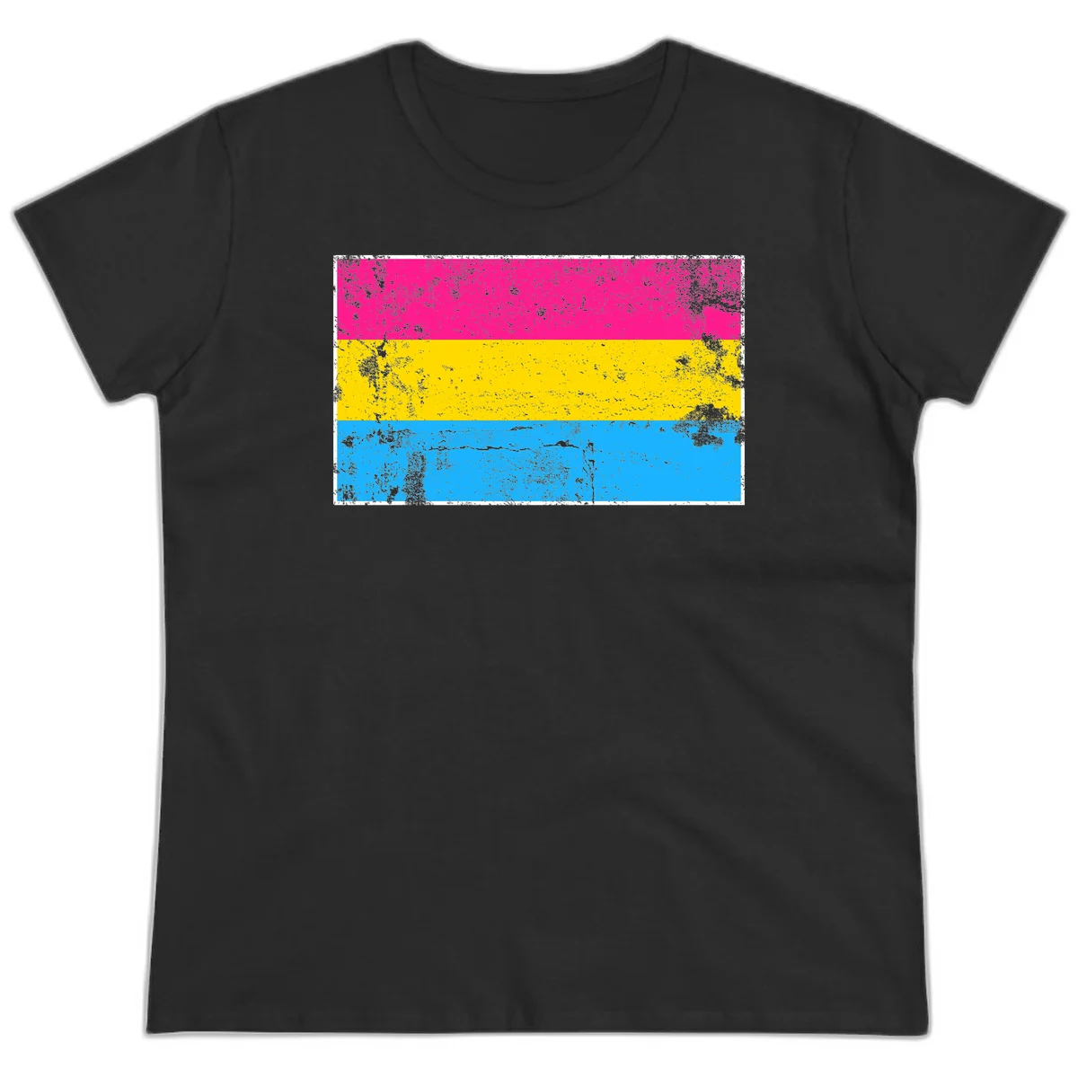 Pan pride distressed flag with magenta, yellow, and cyan blue horizontal stripes featuring heavy grunge texture overlay in Black