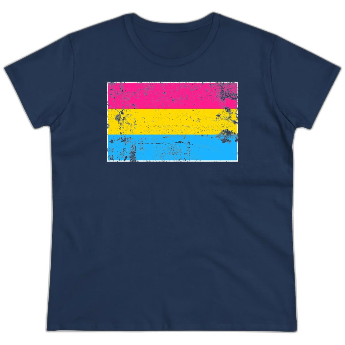 Pan pride distressed flag with magenta, yellow, and cyan blue horizontal stripes featuring heavy grunge texture overlay in Navy