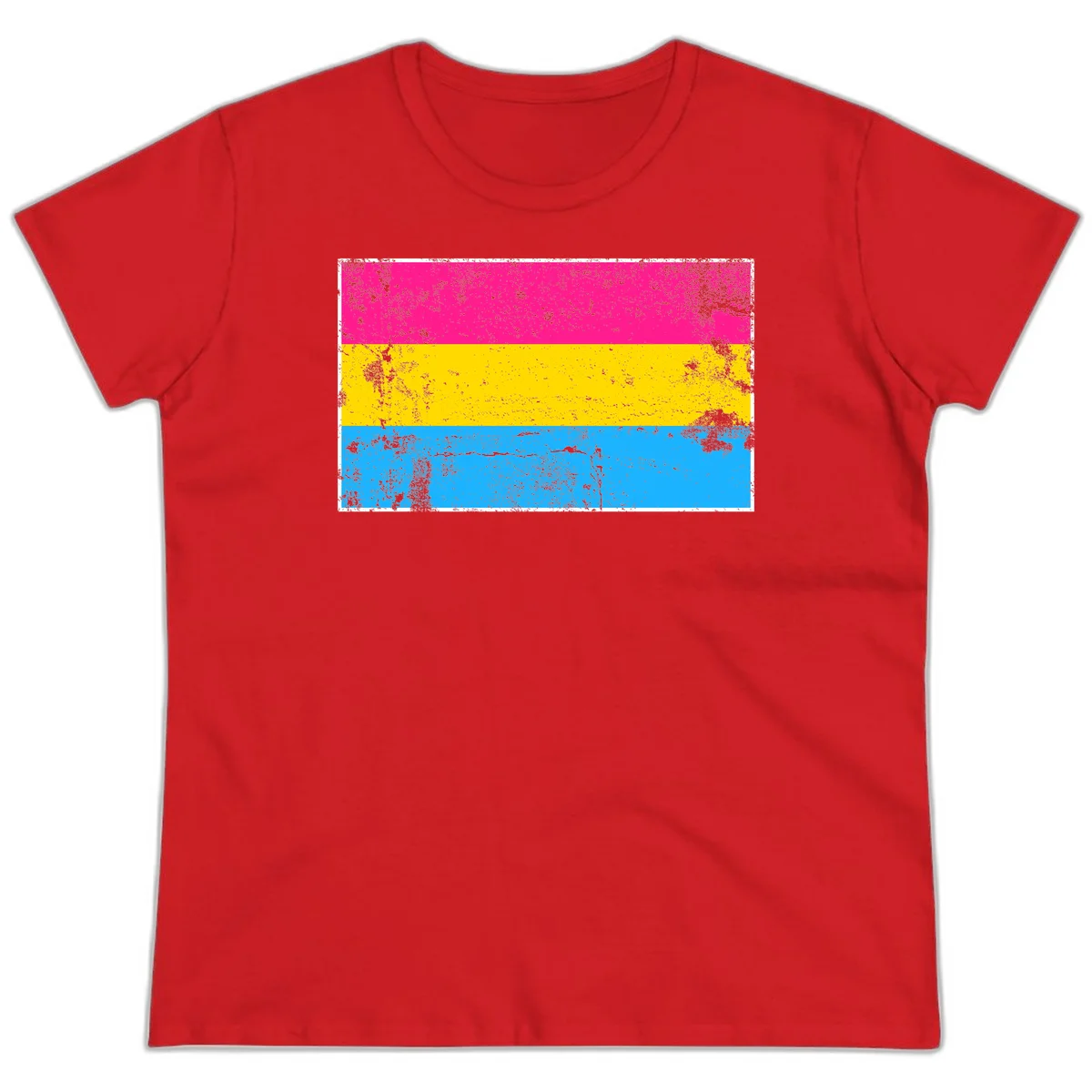 Pan pride distressed flag with magenta, yellow, and cyan blue horizontal stripes featuring heavy grunge texture overlay in Red