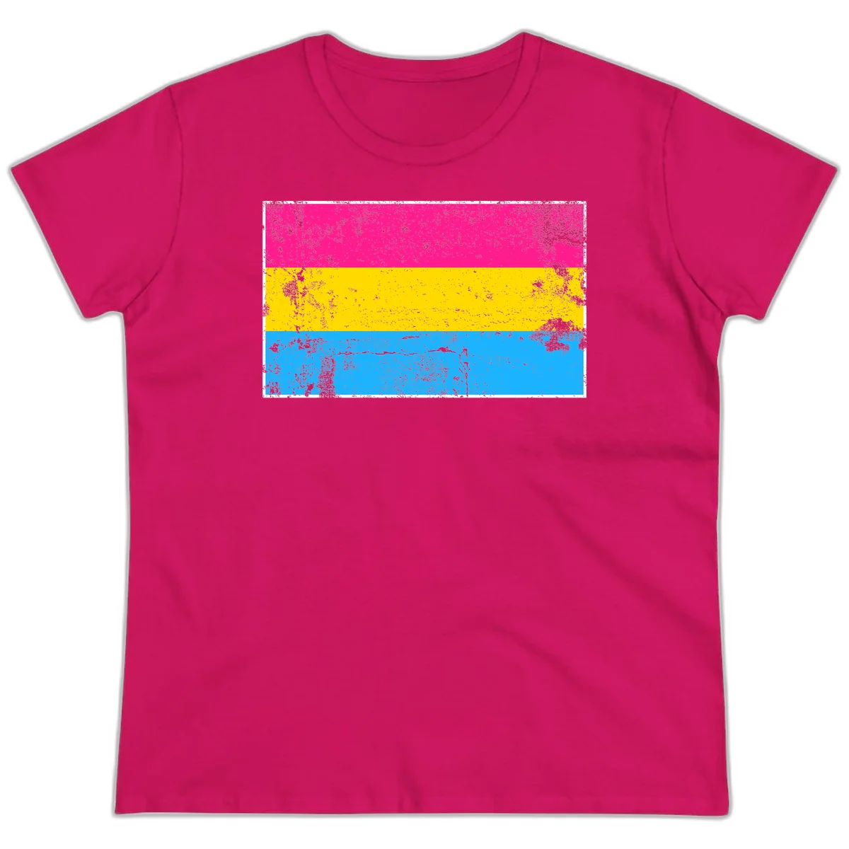 Pan pride distressed flag with magenta, yellow, and cyan blue horizontal stripes featuring heavy grunge texture overlay in Heliconia