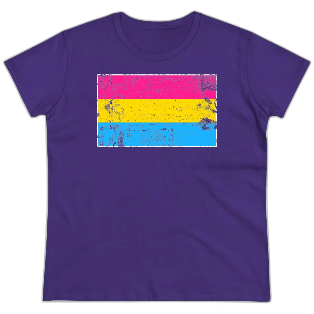 Pan pride distressed flag with magenta, yellow, and cyan blue horizontal stripes featuring heavy grunge texture overlay in Purple