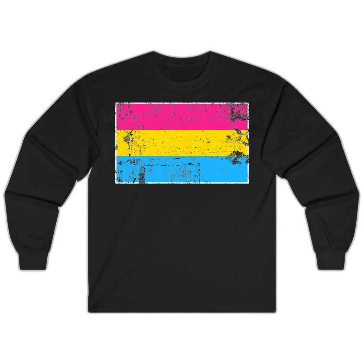 Pan pride distressed flag with magenta, yellow, and cyan blue horizontal stripes featuring heavy grunge texture overlay in Black