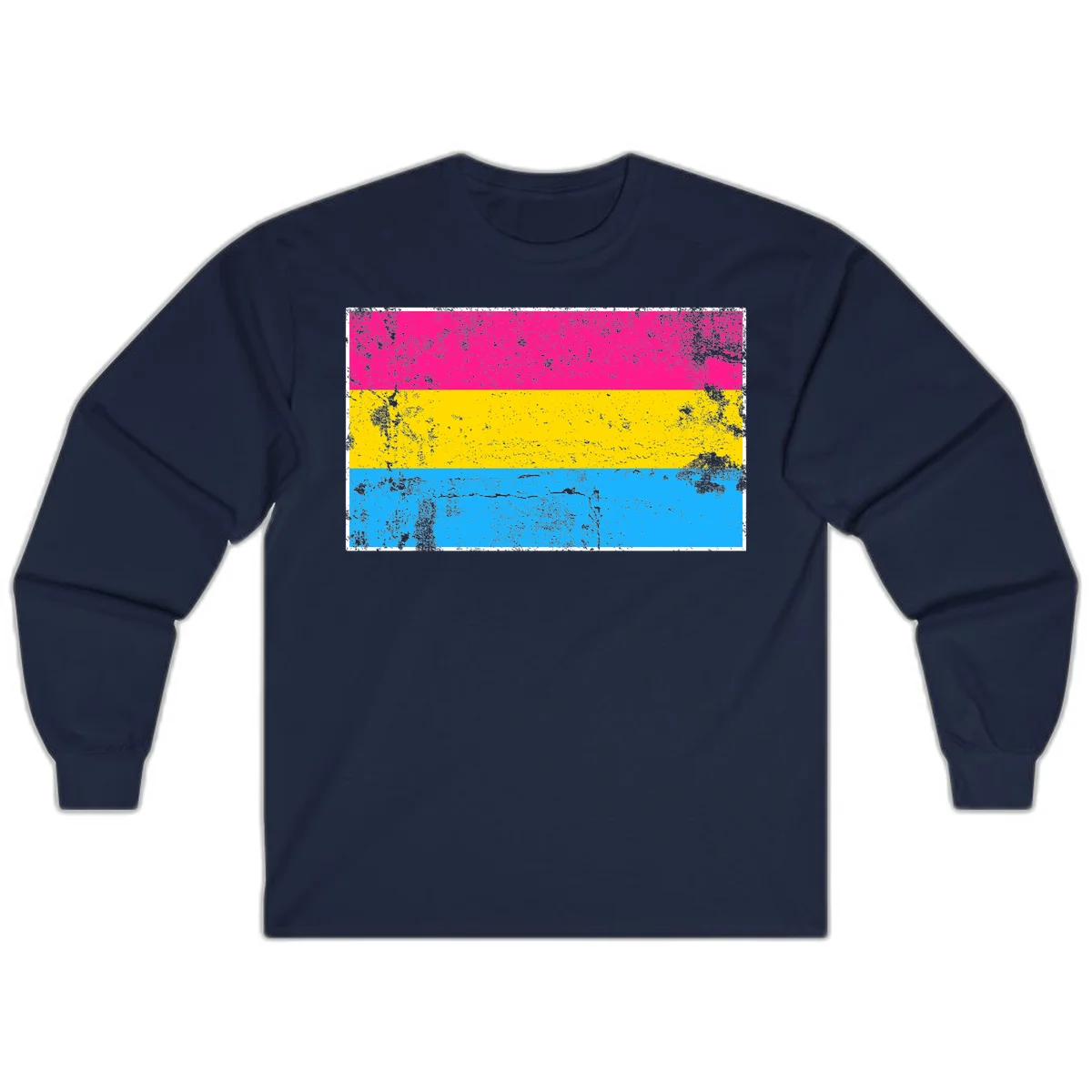 Pan pride distressed flag with magenta, yellow, and cyan blue horizontal stripes featuring heavy grunge texture overlay in Navy