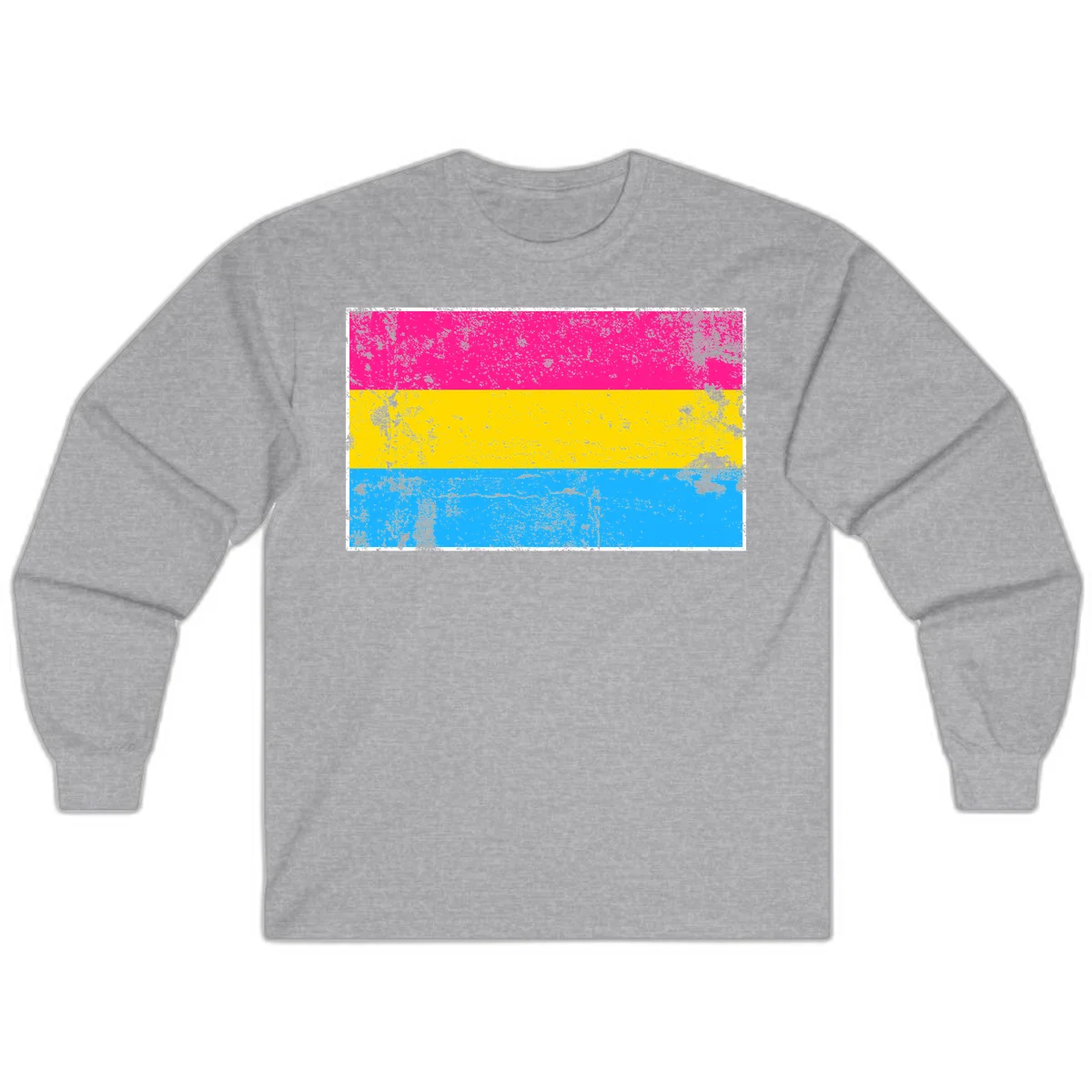 Pan pride distressed flag with magenta, yellow, and cyan blue horizontal stripes featuring heavy grunge texture overlay in Sport Grey