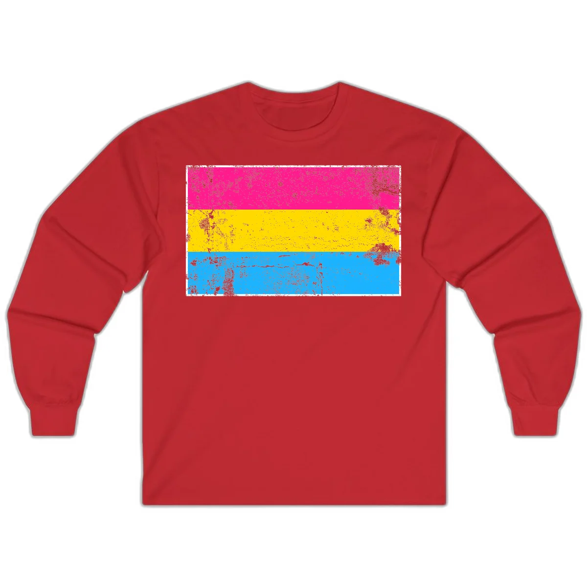 Pan pride distressed flag with magenta, yellow, and cyan blue horizontal stripes featuring heavy grunge texture overlay in Red