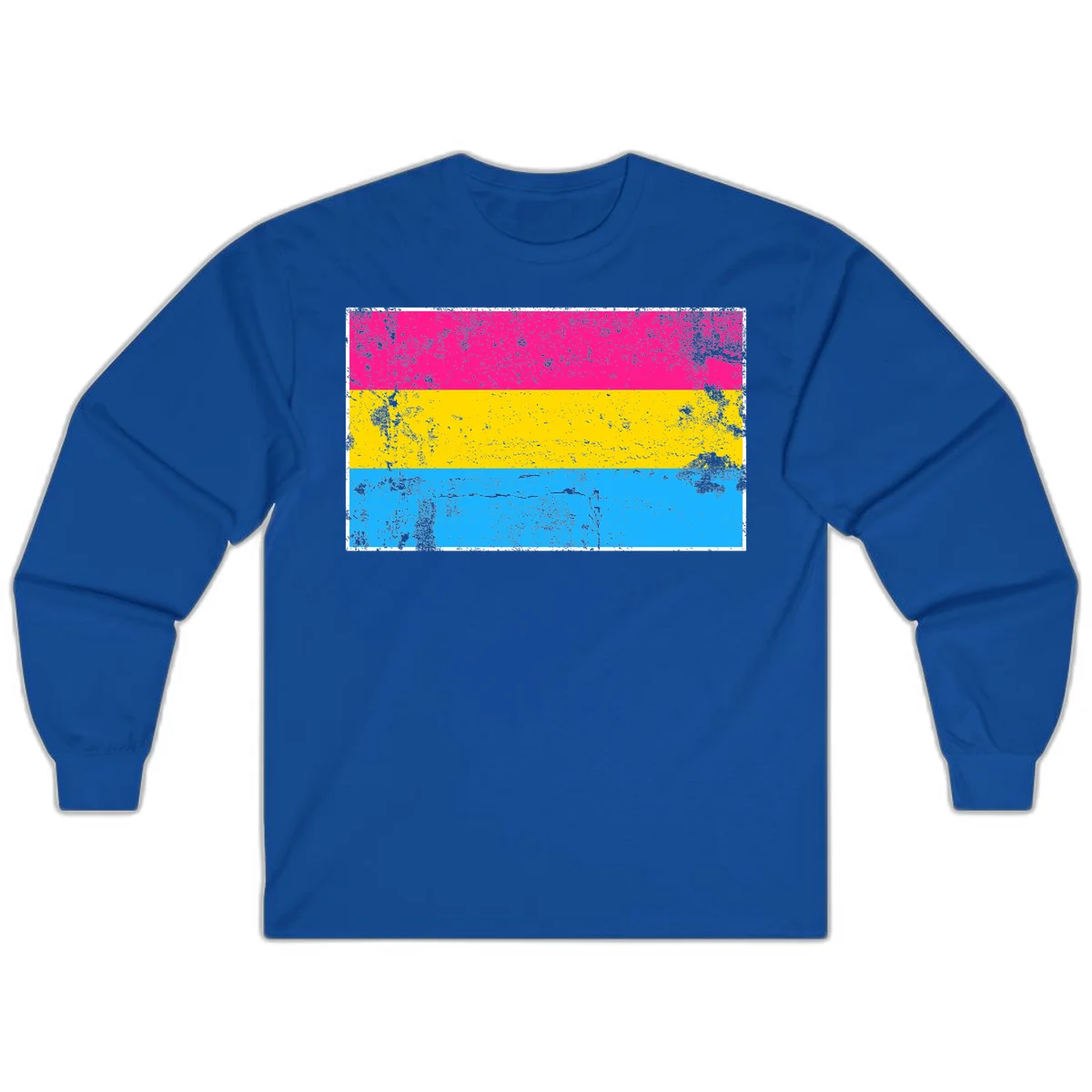 Pan pride distressed flag with magenta, yellow, and cyan blue horizontal stripes featuring heavy grunge texture overlay in Royal