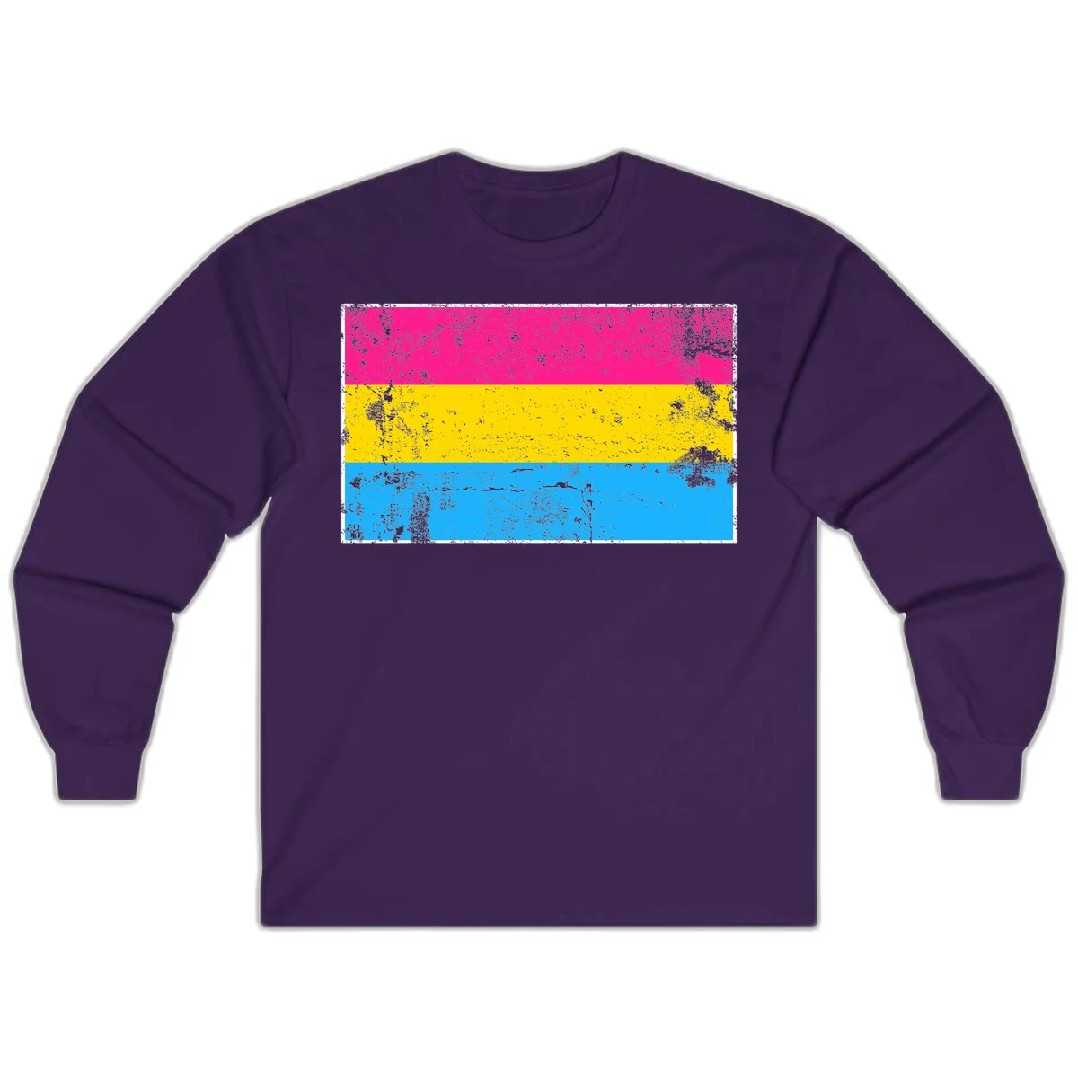 Pan pride distressed flag with magenta, yellow, and cyan blue horizontal stripes featuring heavy grunge texture overlay in Purple