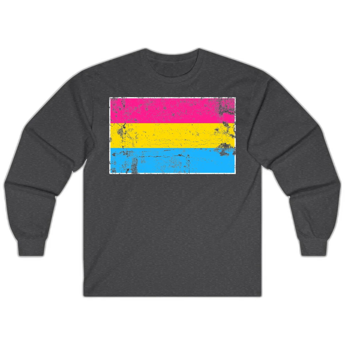 Pan pride distressed flag with magenta, yellow, and cyan blue horizontal stripes featuring heavy grunge texture overlay in Dark Heather