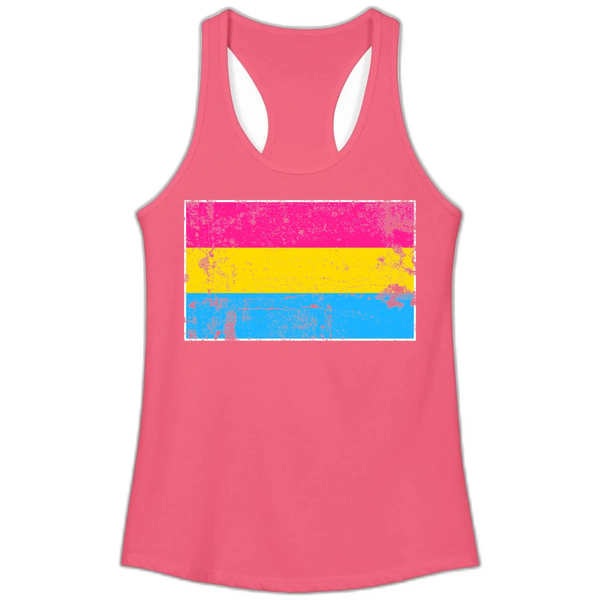 Pan pride distressed flag with magenta, yellow, and cyan blue horizontal stripes featuring heavy grunge texture overlay in Hot Pink
