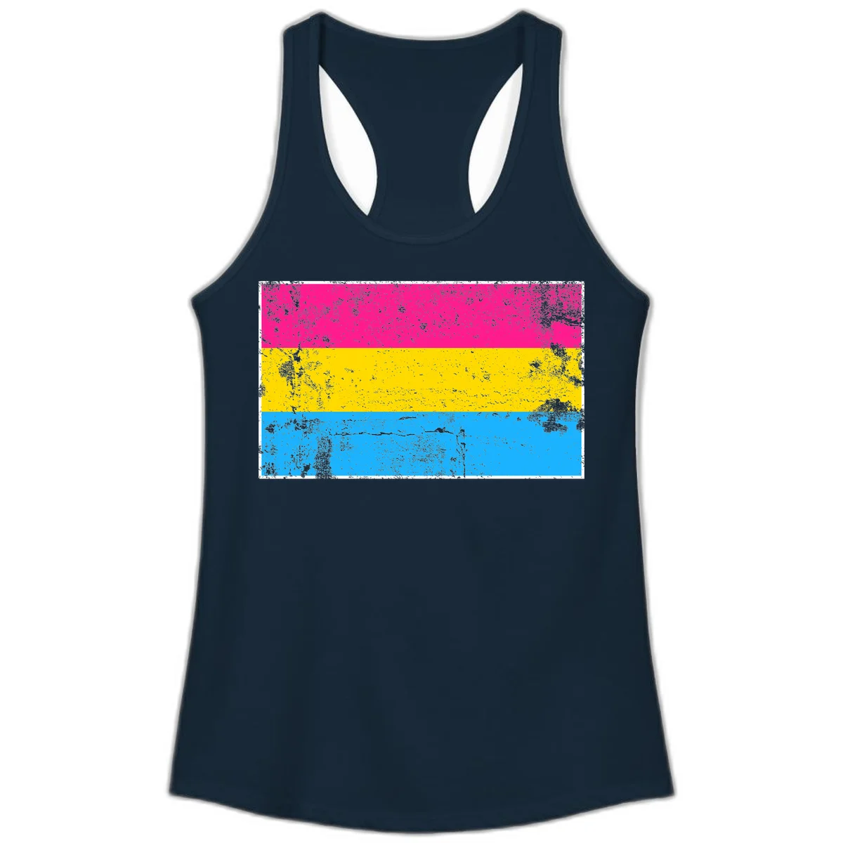 Pan pride distressed flag with magenta, yellow, and cyan blue horizontal stripes featuring heavy grunge texture overlay in Solid Midnight Navy