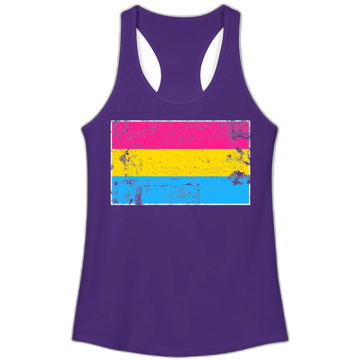 Pan pride distressed flag with magenta, yellow, and cyan blue horizontal stripes featuring heavy grunge texture overlay in Solid Purple Rush