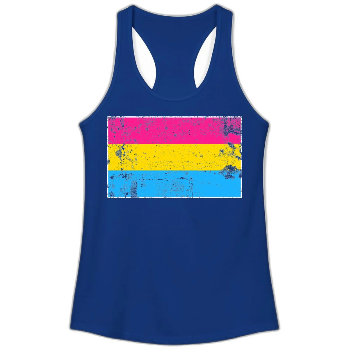Pan pride distressed flag with magenta, yellow, and cyan blue horizontal stripes featuring heavy grunge texture overlay in Solid Royal