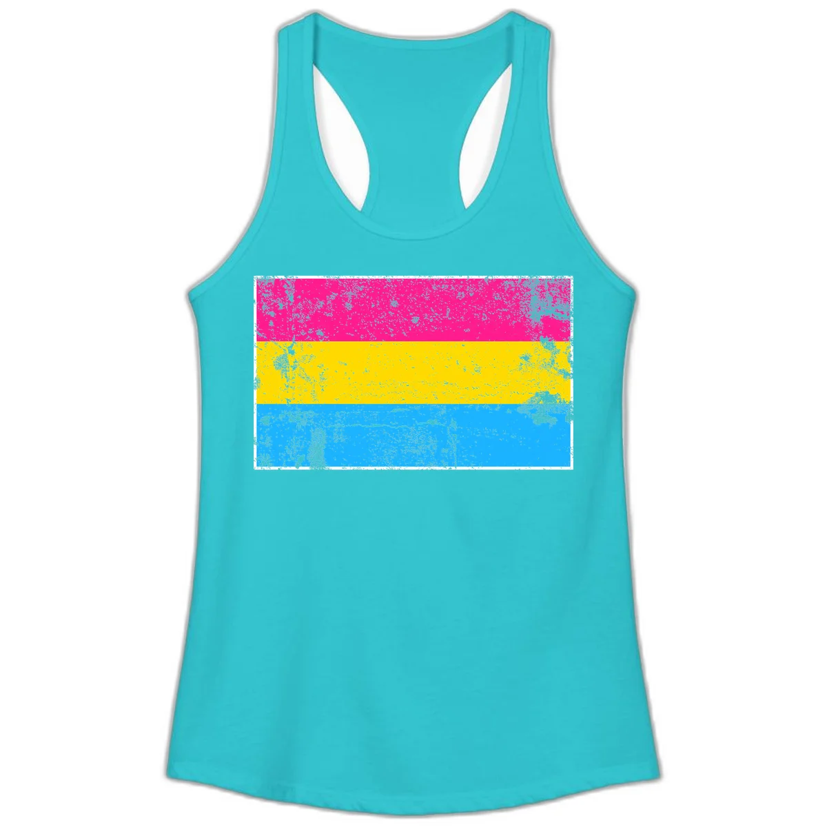 Pan pride distressed flag with magenta, yellow, and cyan blue horizontal stripes featuring heavy grunge texture overlay in Solid Tahiti Blue