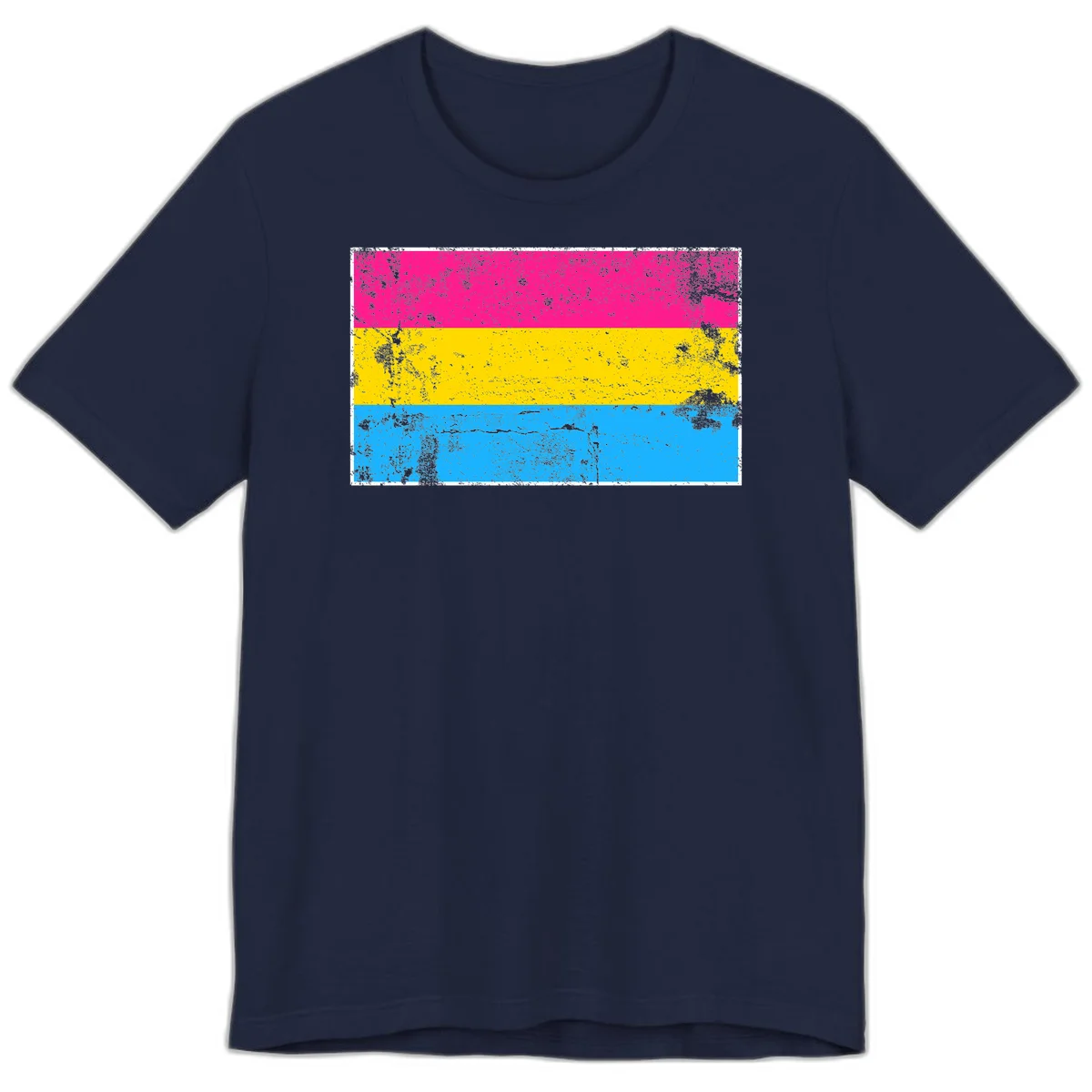 Pan pride distressed flag with magenta, yellow, and cyan blue horizontal stripes featuring heavy grunge texture overlay in Navy