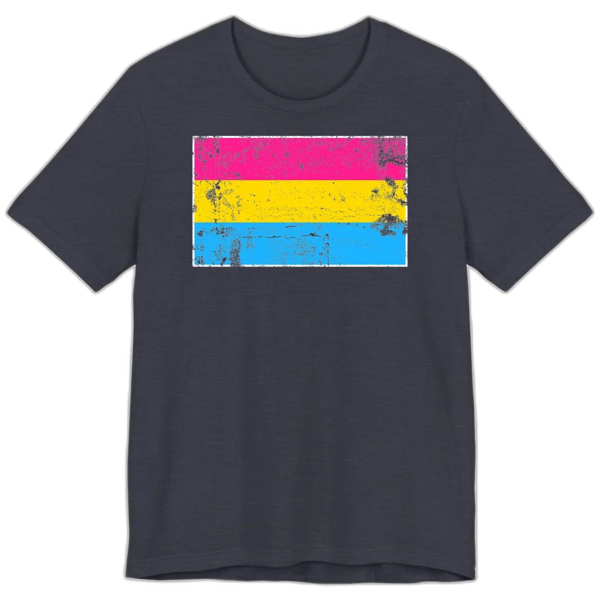 Pan pride distressed flag with magenta, yellow, and cyan blue horizontal stripes featuring heavy grunge texture overlay in Heather Midnight Navy