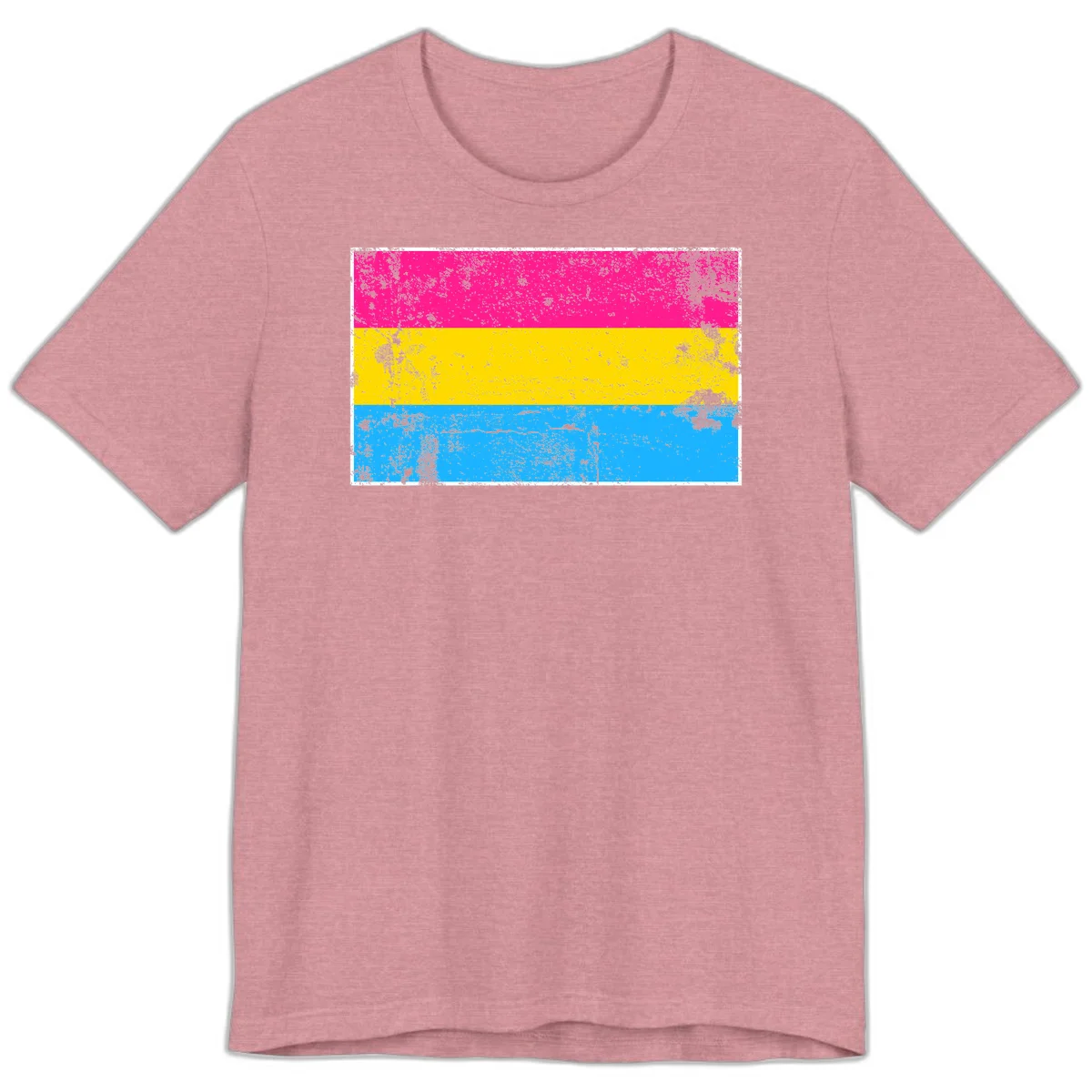 Pan pride distressed flag with magenta, yellow, and cyan blue horizontal stripes featuring heavy grunge texture overlay in Heather Orchid