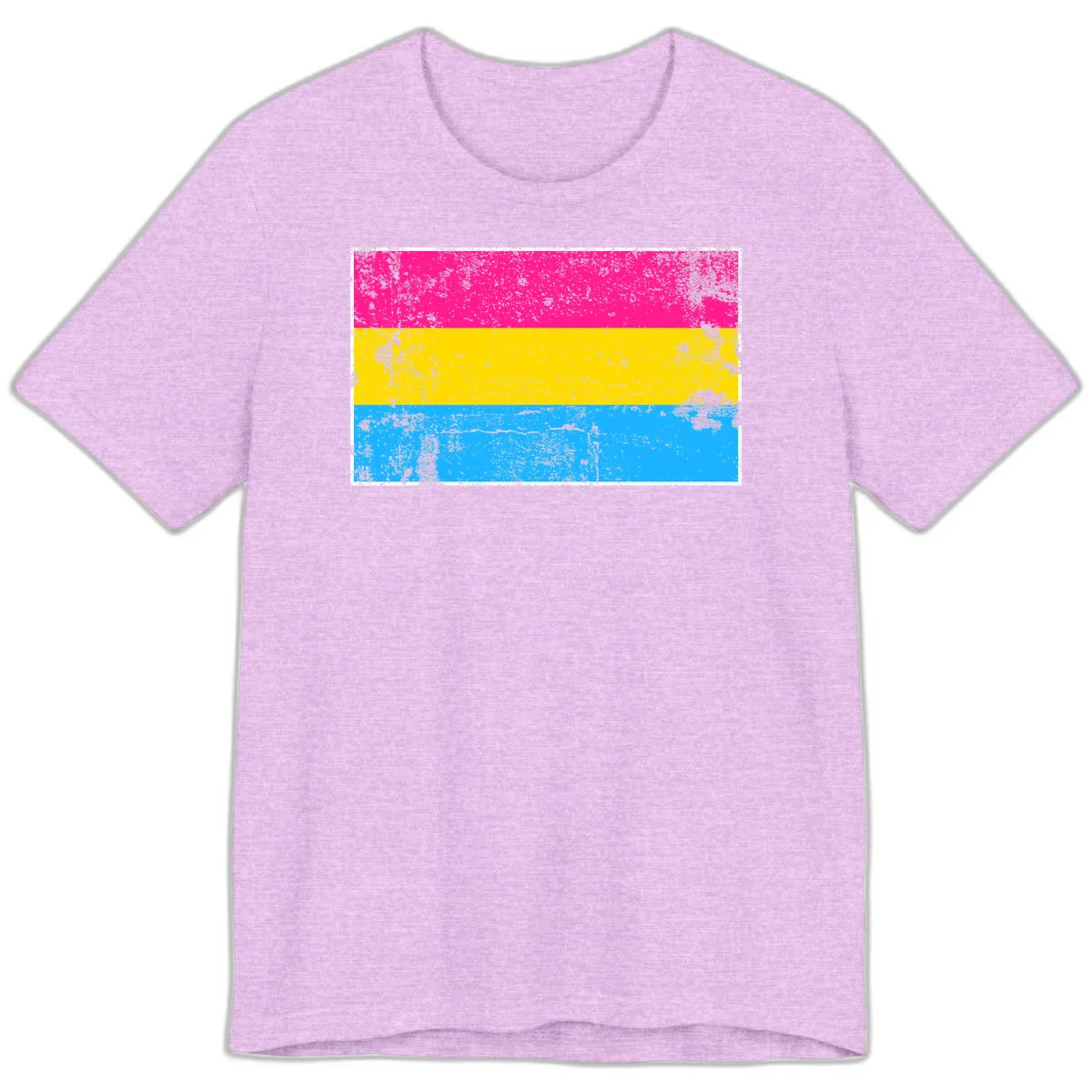 Pan pride distressed flag with magenta, yellow, and cyan blue horizontal stripes featuring heavy grunge texture overlay in Heather Prism Lilac