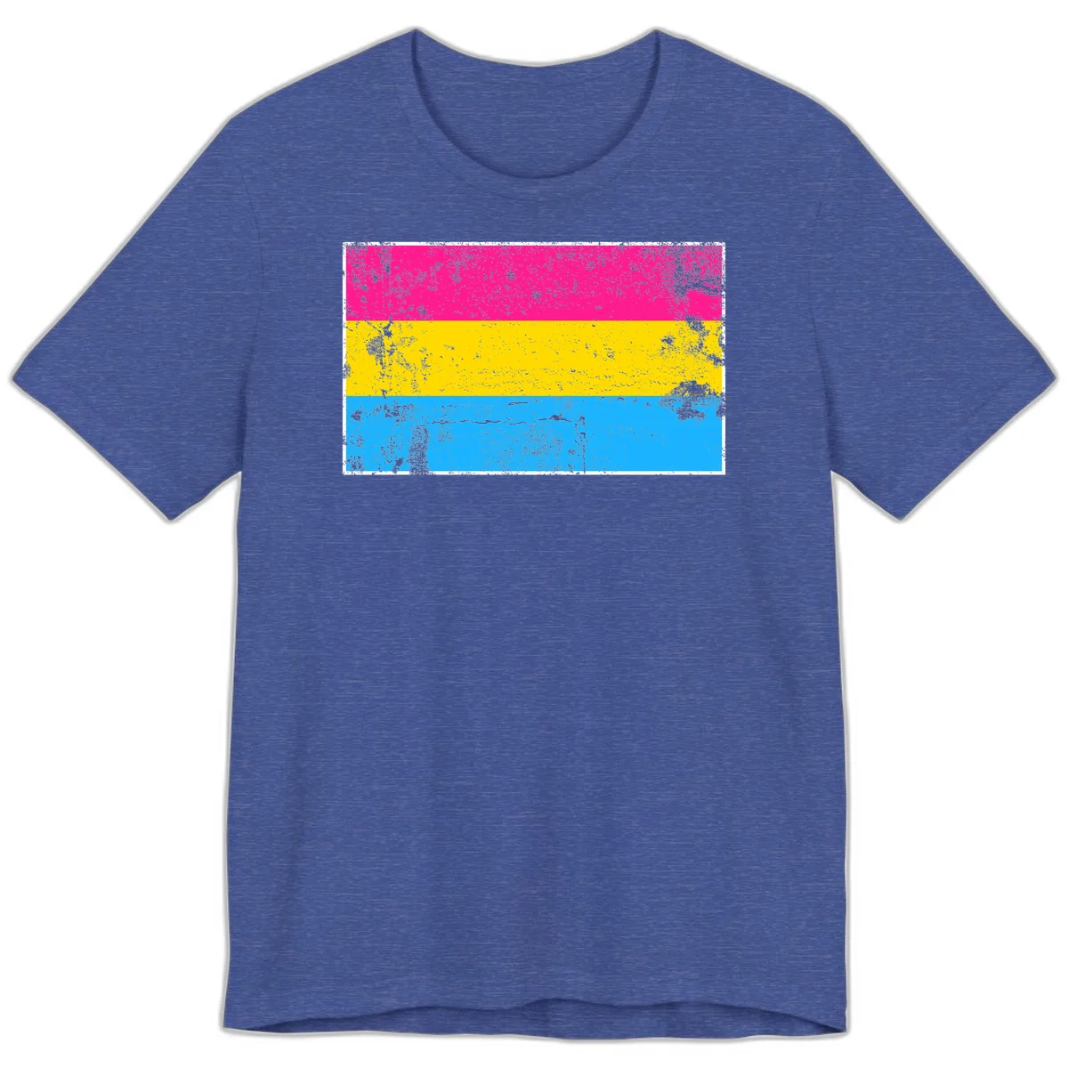 Pan pride distressed flag with magenta, yellow, and cyan blue horizontal stripes featuring heavy grunge texture overlay in Heather True Royal