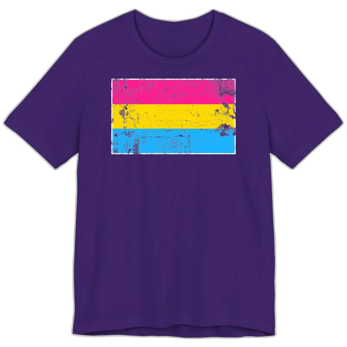 Pan pride distressed flag with magenta, yellow, and cyan blue horizontal stripes featuring heavy grunge texture overlay in Team Purple