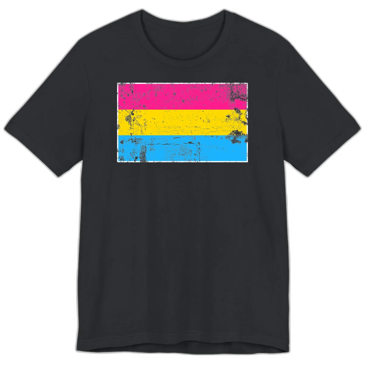 Pan pride distressed flag with magenta, yellow, and cyan blue horizontal stripes featuring heavy grunge texture overlay in Vintage Black