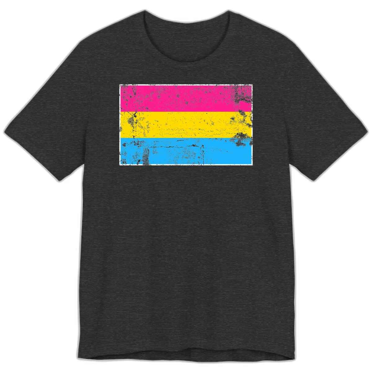Pan pride distressed flag with magenta, yellow, and cyan blue horizontal stripes featuring heavy grunge texture overlay in Dark Grey Heather