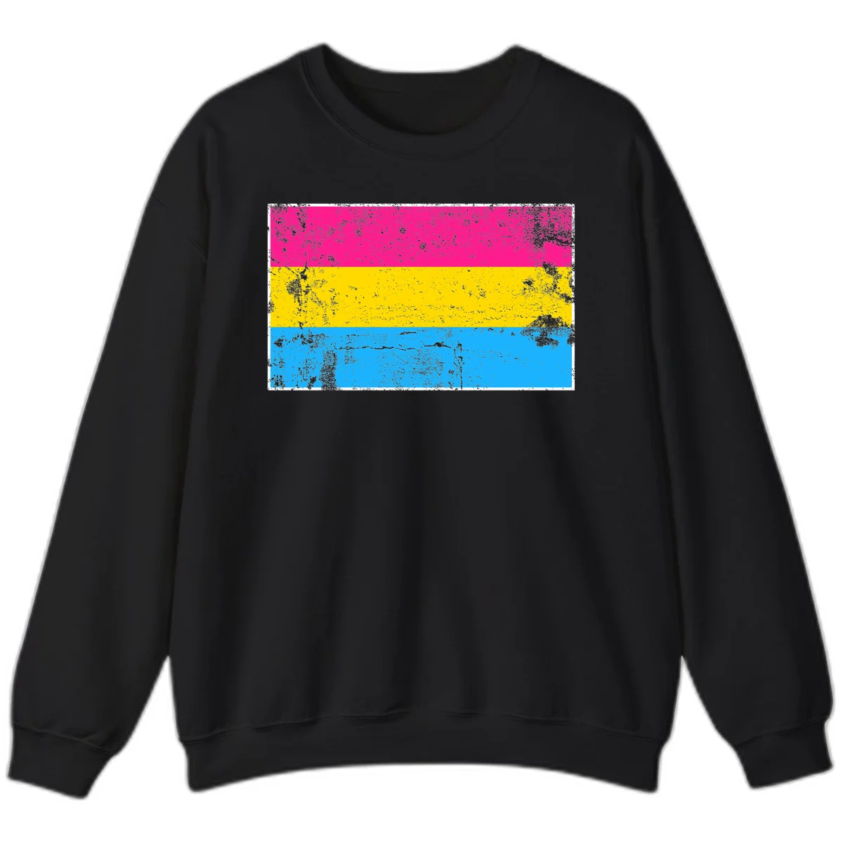 Pan pride distressed flag with magenta, yellow, and cyan blue horizontal stripes featuring heavy grunge texture overlay in Black
