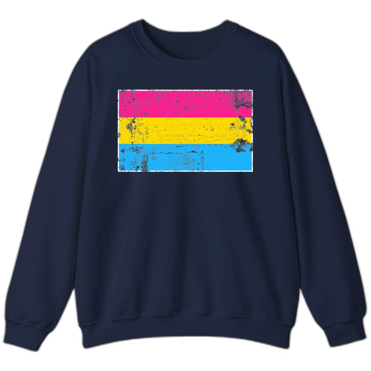 Pan pride distressed flag with magenta, yellow, and cyan blue horizontal stripes featuring heavy grunge texture overlay in Navy