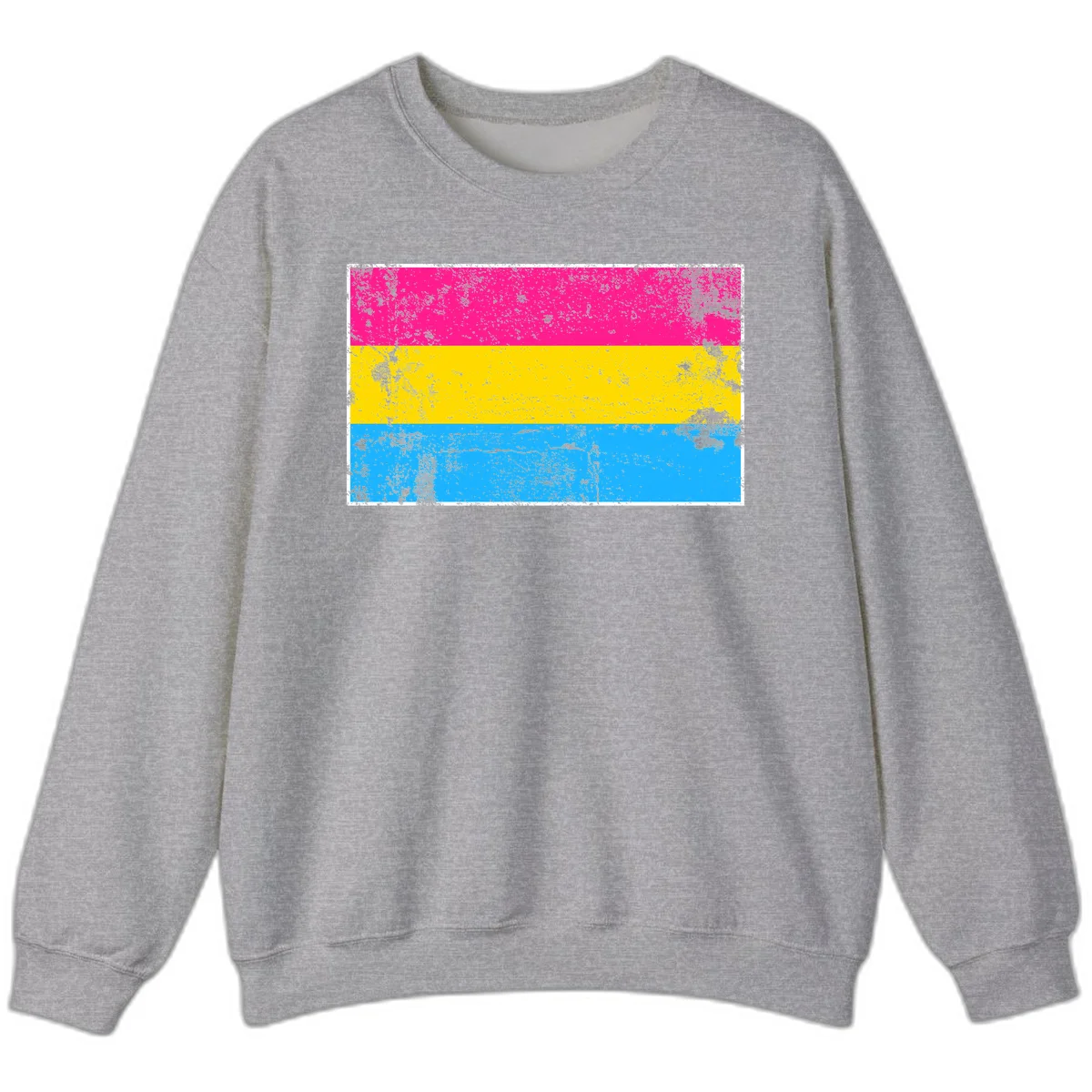 Pan pride distressed flag with magenta, yellow, and cyan blue horizontal stripes featuring heavy grunge texture overlay in Sport Grey