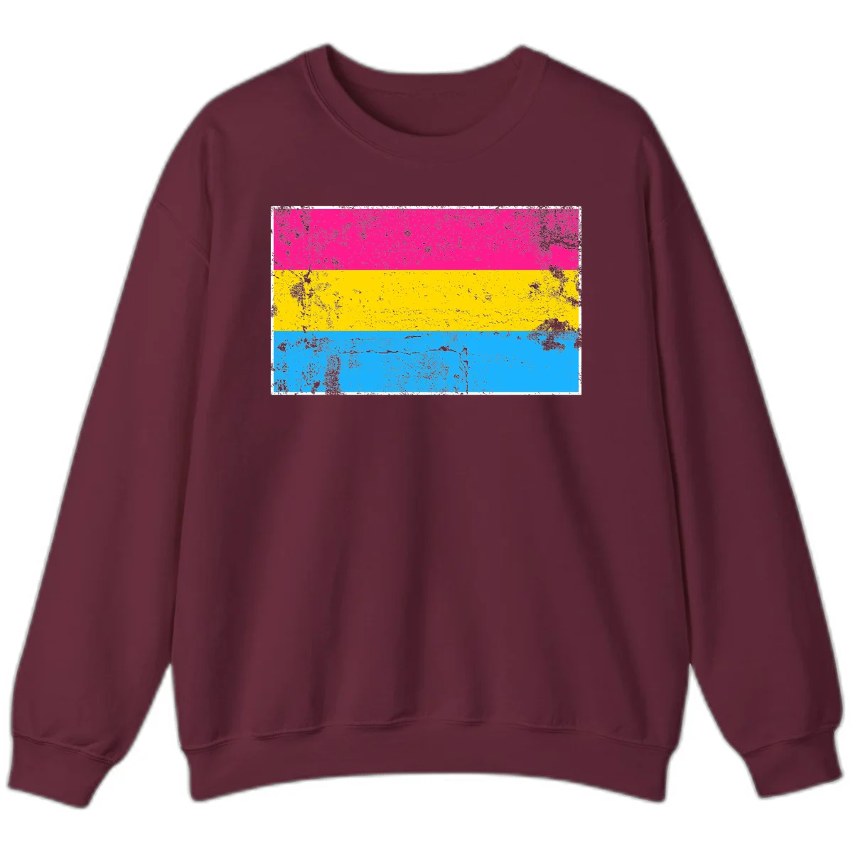 Pan pride distressed flag with magenta, yellow, and cyan blue horizontal stripes featuring heavy grunge texture overlay in Maroon