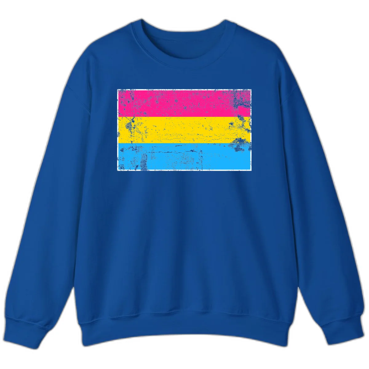 Pan pride distressed flag with magenta, yellow, and cyan blue horizontal stripes featuring heavy grunge texture overlay in Royal