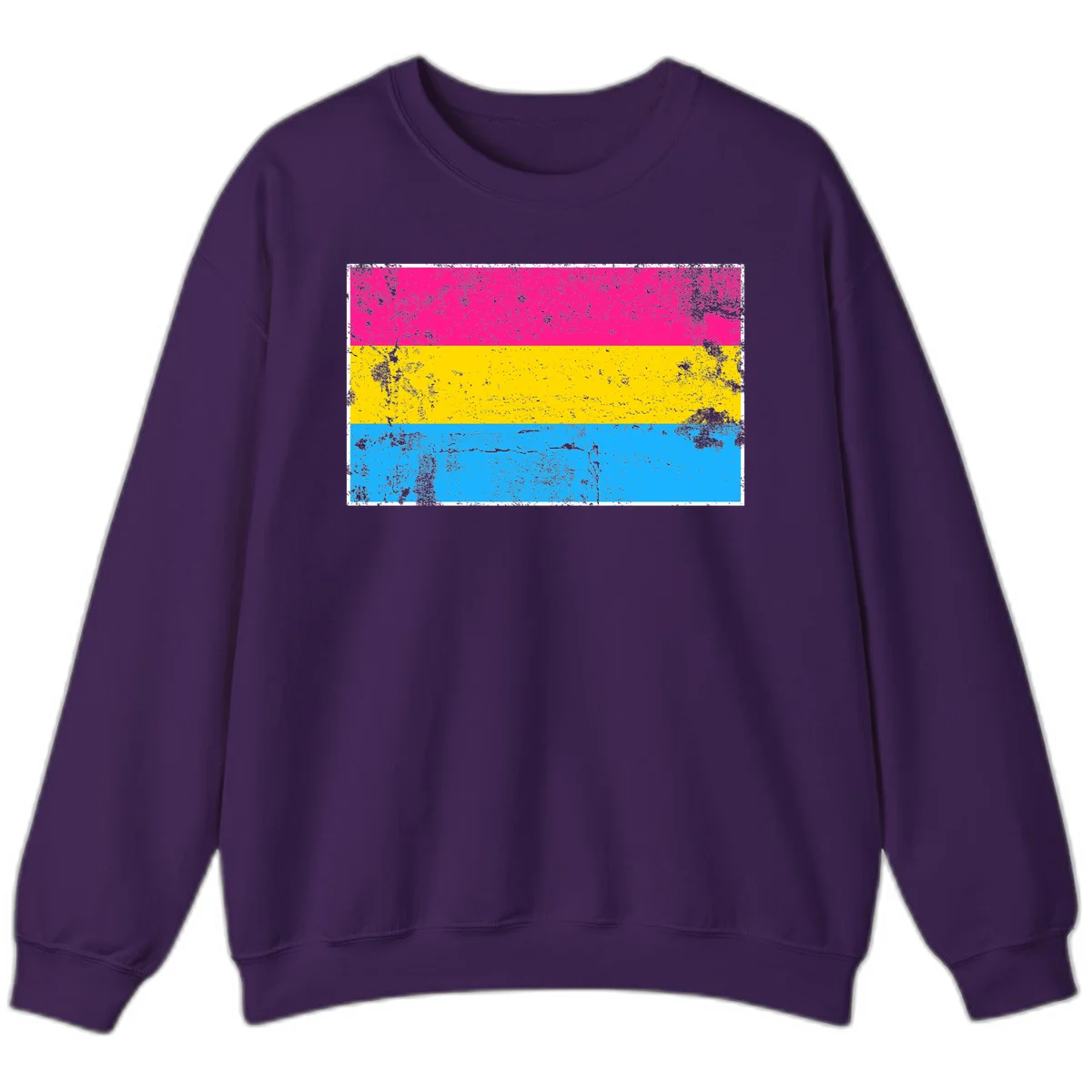 Pan pride distressed flag with magenta, yellow, and cyan blue horizontal stripes featuring heavy grunge texture overlay in Purple