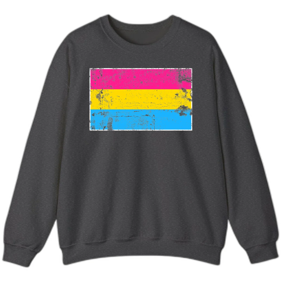 Pan pride distressed flag with magenta, yellow, and cyan blue horizontal stripes featuring heavy grunge texture overlay in Dark Heather