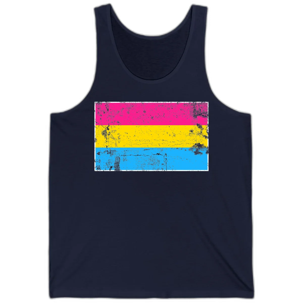 Pan pride distressed flag with magenta, yellow, and cyan blue horizontal stripes featuring heavy grunge texture overlay in Navy