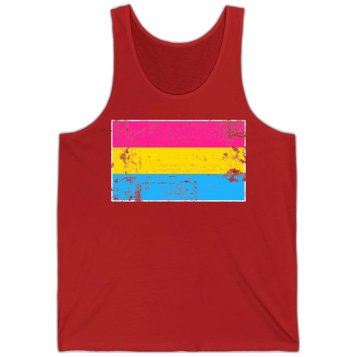 Pan pride distressed flag with magenta, yellow, and cyan blue horizontal stripes featuring heavy grunge texture overlay in Red