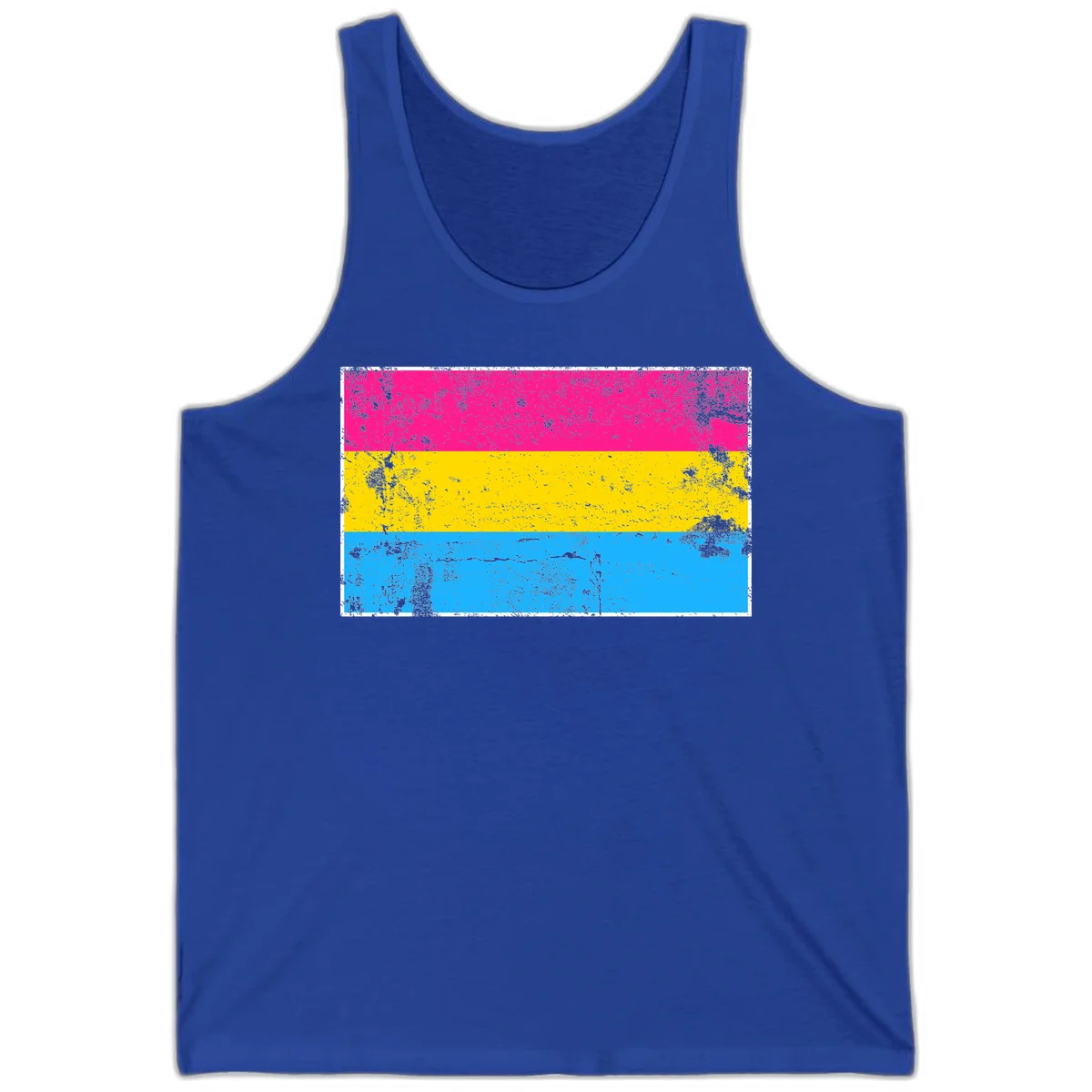 Pan pride distressed flag with magenta, yellow, and cyan blue horizontal stripes featuring heavy grunge texture overlay in True Royal