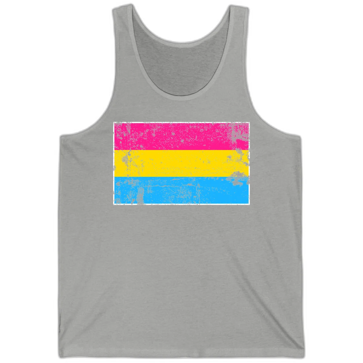 Pan pride distressed flag with magenta, yellow, and cyan blue horizontal stripes featuring heavy grunge texture overlay in Athletic Heather