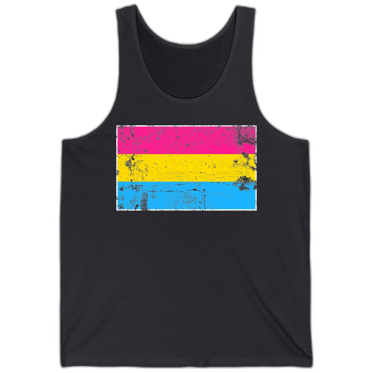 Pan pride distressed flag with magenta, yellow, and cyan blue horizontal stripes featuring heavy grunge texture overlay in Dark Grey